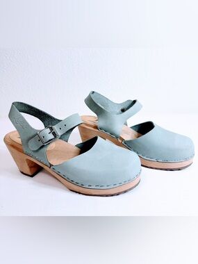 Lotta’s Sage Leather Wooden Clogs Made In Sweden EU 39